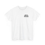 White t-shirt printed with "Please be patient i have brain damage", shown flat from another angle.