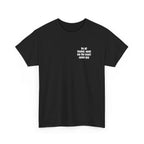 Black t-shirt printed with "im all healed. send me the exact same guy", shown flat from another angle.