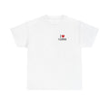 White t-shirt printed with "I", a large red heart, then the word FLUORIDE.