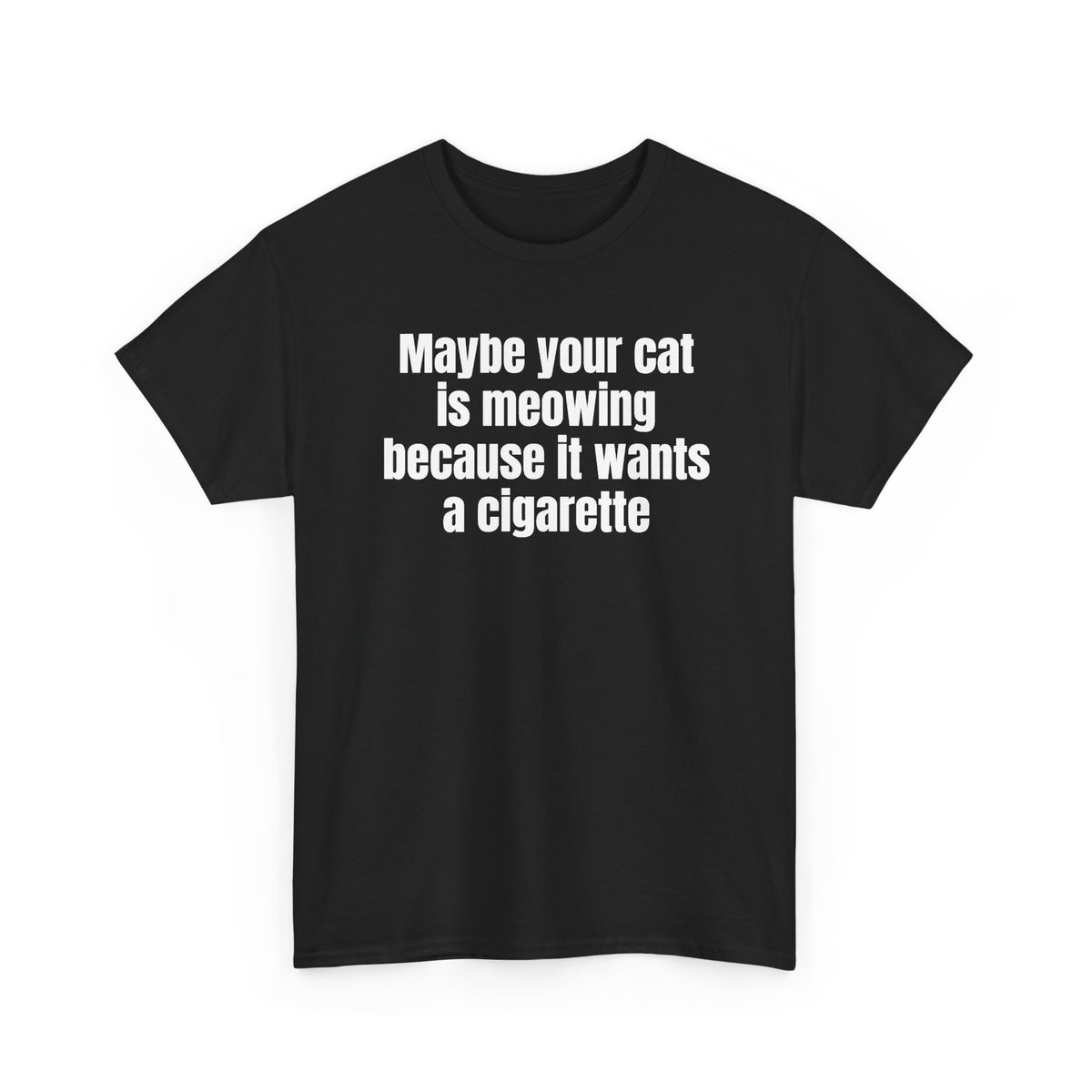 Black t-shirt printed with "Maybe your cat is meowing because it wants a cigarette", shown flat from another angle.
