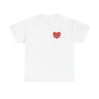White t-shirt printed with a large salmon-red heart made of jigsaw puzzle pieces, lettered across it "Someone with AUTISM Stole my Heart".