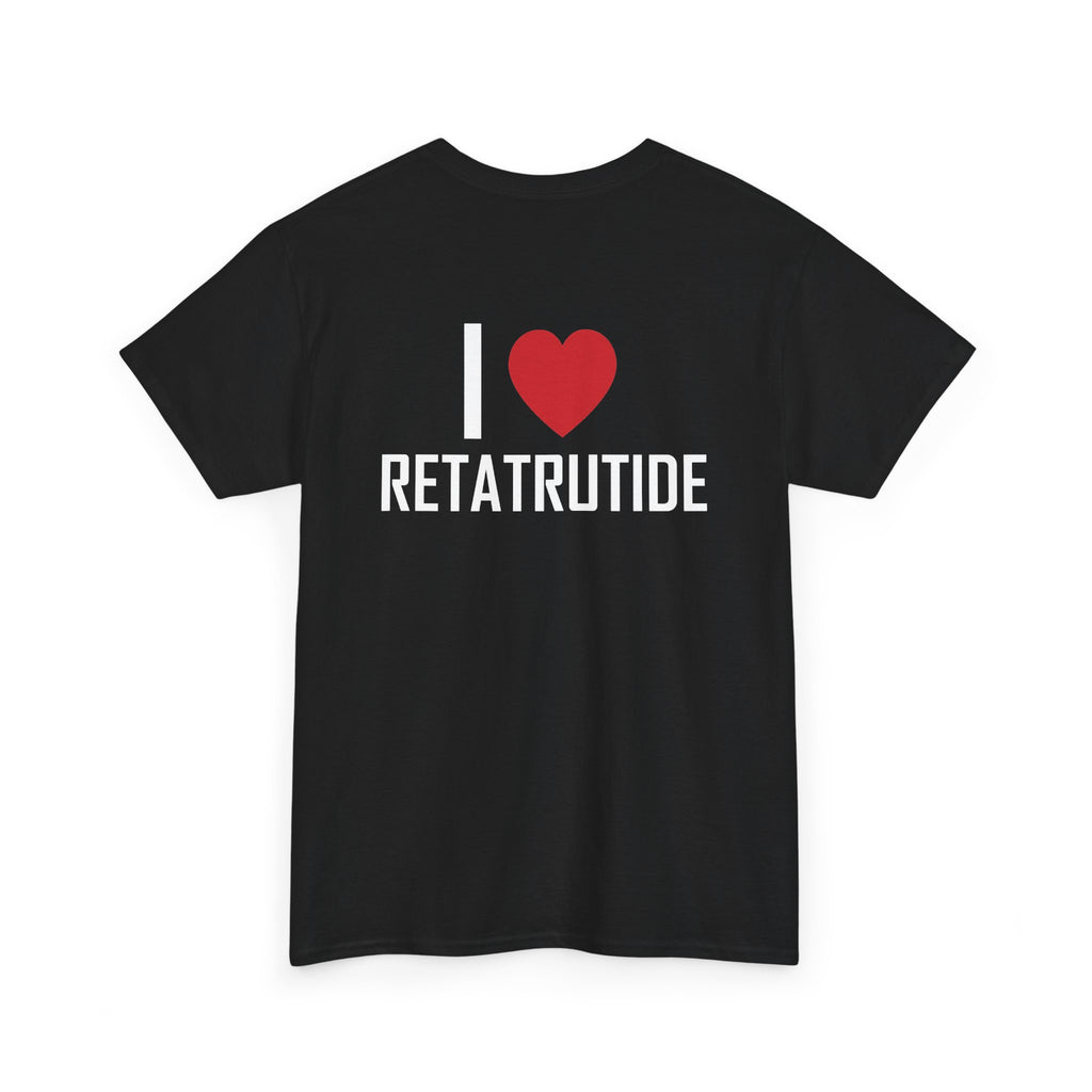 Black t-shirt, back printed printed with "I", a large red heart, then the word RETATRUTIDE, shown from another angle.