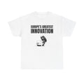 White t-shirt printed with "EUROPE’S GREATEST INNOVATION" above an ink drawing of a tethered bottle cap.