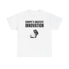 White t-shirt printed with "EUROPE’S GREATEST INNOVATION" above an ink drawing of a tethered bottle cap.