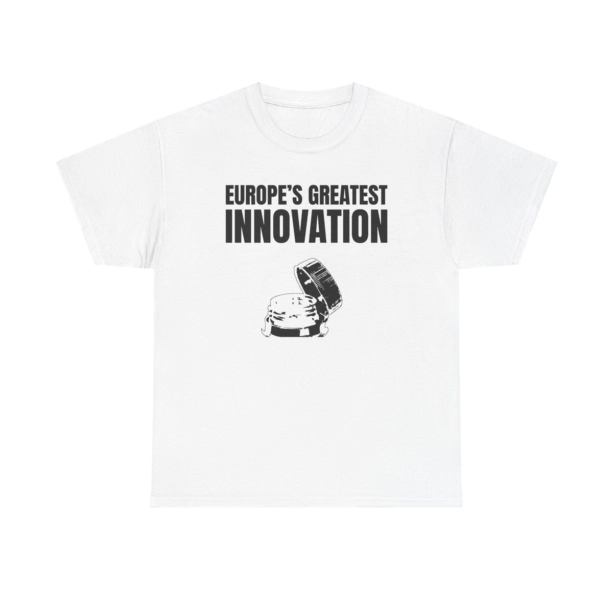 White t-shirt printed with "EUROPE’S GREATEST INNOVATION" above an ink drawing of a tethered bottle cap.