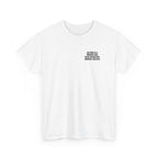 White t-shirt printed with "My body is a Machine that turns alcohol into kindness and love", shown flat from another angle.
