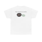 White t-shirt, back printed printed with "My pronouns are all/in" in serif type above a roulette wheel and a fanned pile of banknotes.