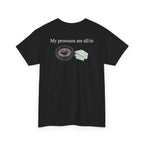 Black t-shirt, back printed printed with "My pronouns are all/in" in serif type above a roulette wheel and a fanned pile of banknotes, shown from another angle.