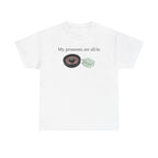 White t-shirt printed with "My pronouns are all/in" in serif type above a roulette wheel and a fanned pile of banknotes.