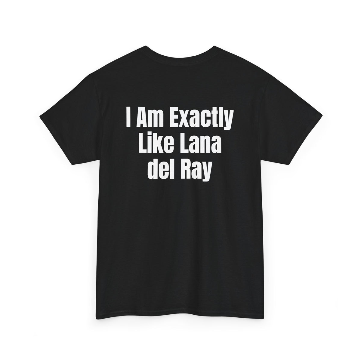 Black t-shirt, back printed with "I am exactly like Lana del Ray", shown from another angle.