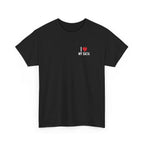 Black t-shirt printed with "I", a large red heart, then the words MY DATA, shown flat from another angle.