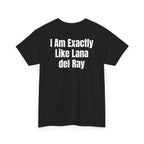 Black t-shirt, back printed with "I am exactly like Lana del Ray", shown from another angle.