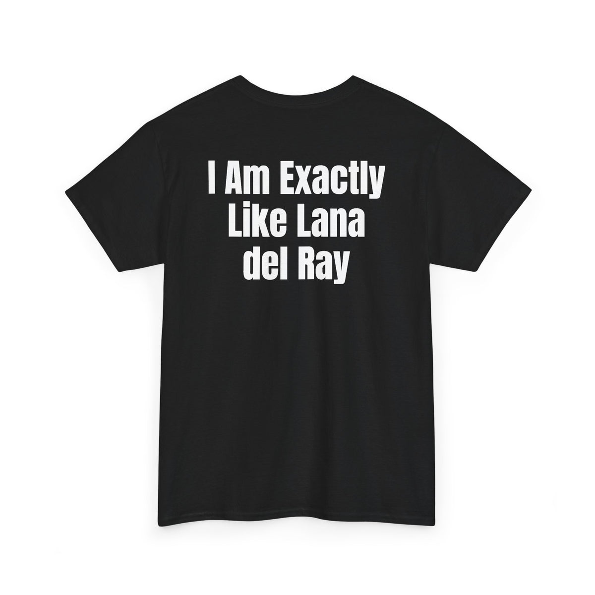 Black t-shirt, back printed with "I am exactly like Lana del Ray", shown from another angle.