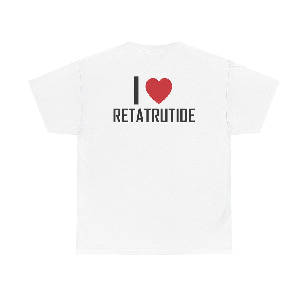 White t-shirt, back printed printed with "I", a large red heart, then the word RETATRUTIDE.