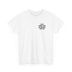 White t-shirt printed with "im all healed. send me the exact same guy", shown flat from another angle.