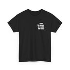 Black t-shirt printed with "I have the pussy, so I make the rules", shown flat from another angle.
