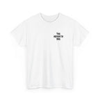 White t-shirt printed with "You agreed to this", shown flat from another angle.