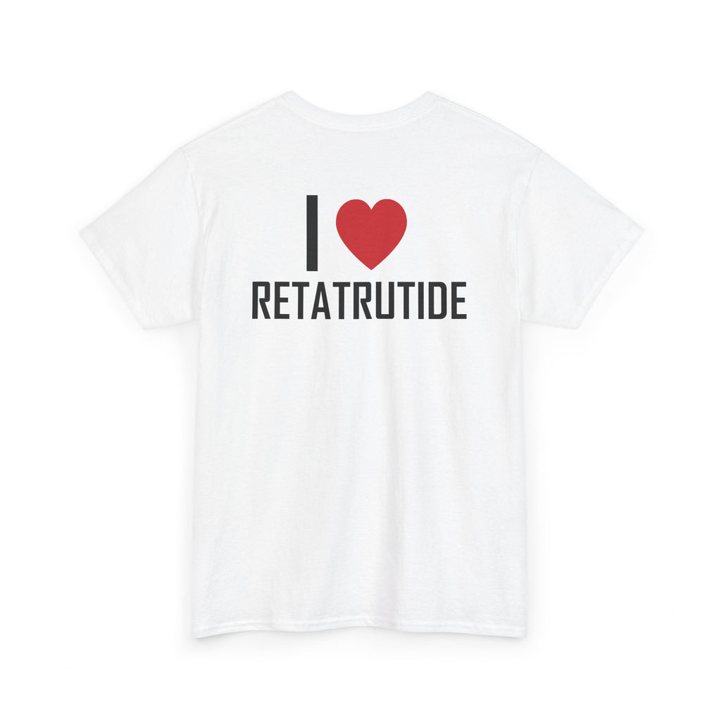 White t-shirt, back printed printed with "I", a large red heart, then the word RETATRUTIDE, shown from another angle.