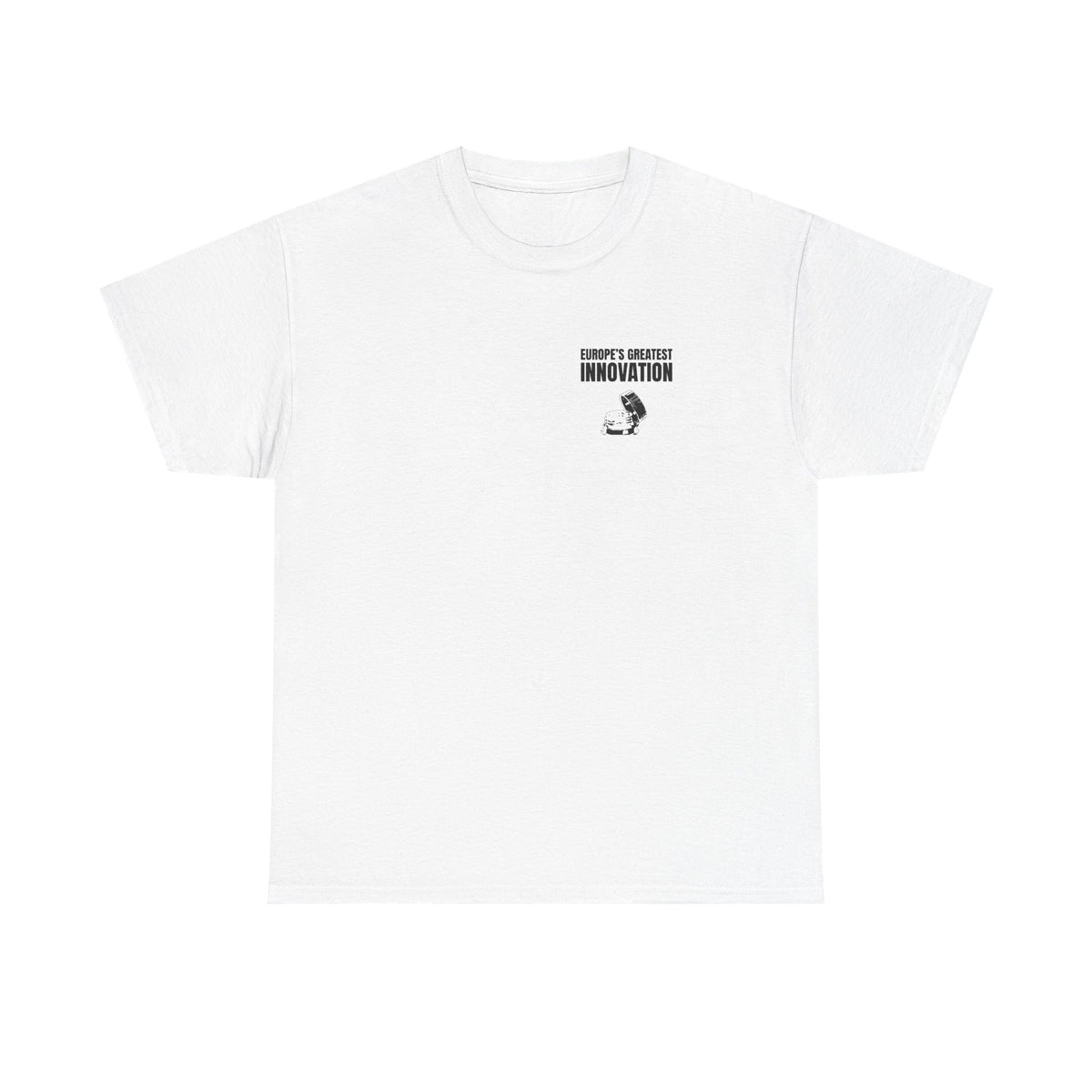 White t-shirt printed with "EUROPE’S GREATEST INNOVATION" above an ink drawing of a tethered bottle cap.