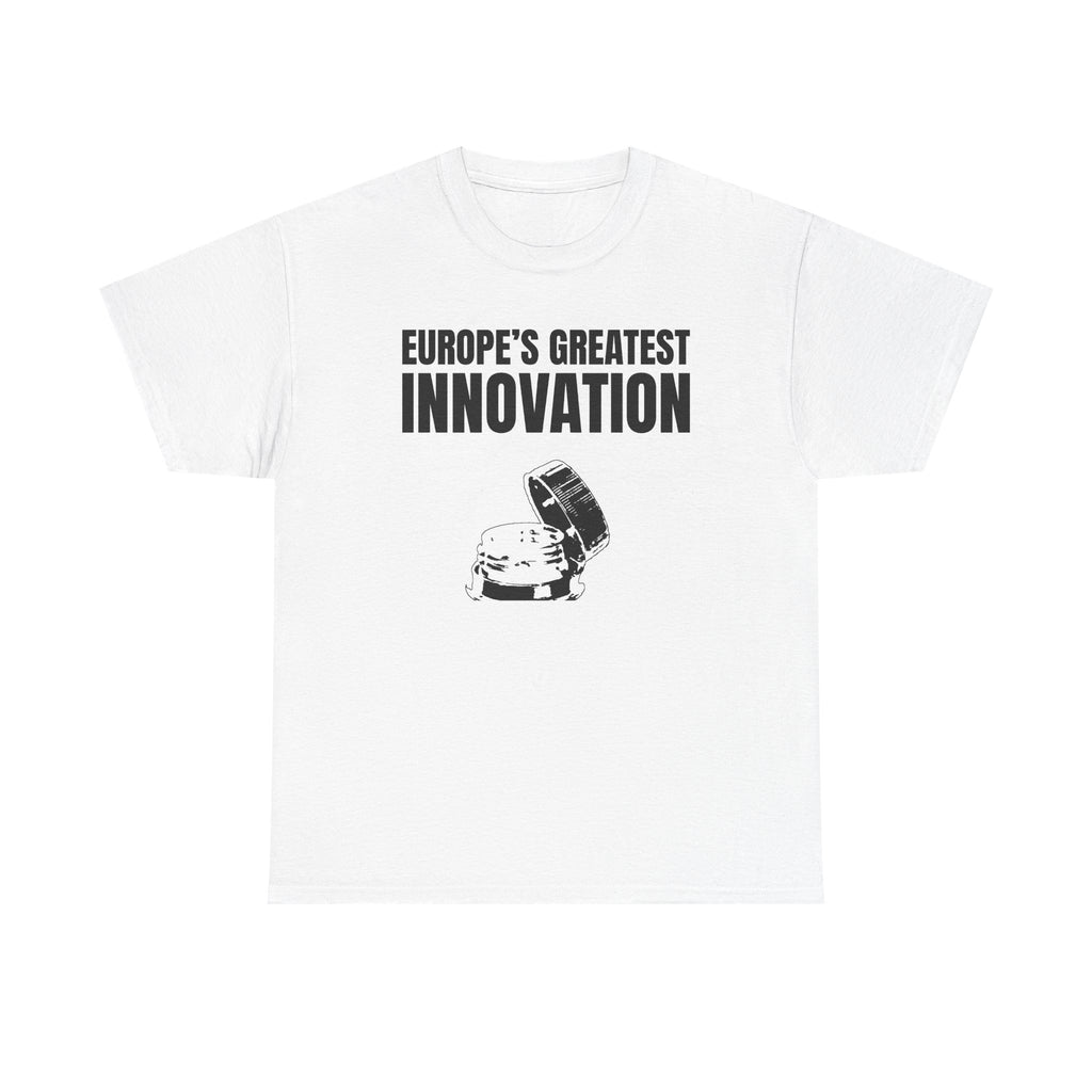 White t-shirt printed with "EUROPE’S GREATEST INNOVATION" above an ink drawing of a tethered bottle cap.
