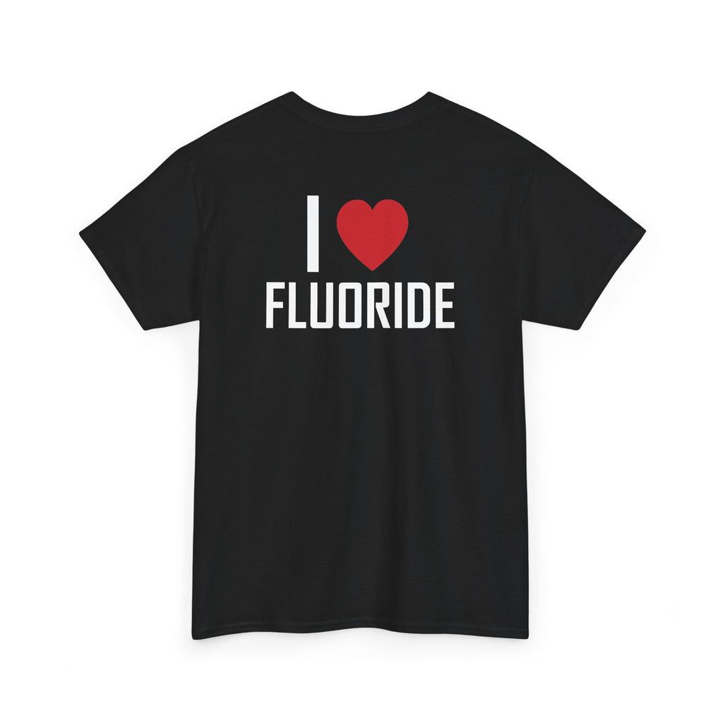 Black t-shirt, back printed printed with "I", a large red heart, then the word FLUORIDE, shown from another angle.