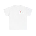 White t-shirt printed with "I", a large red heart, then the words MY DATA.