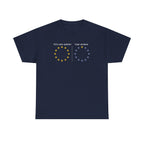 Navy t-shirt printed with two rings of stars side by side: "EU’s own opinion" with twelve gold stars, "User reviews" with a single gold star out of twelve.