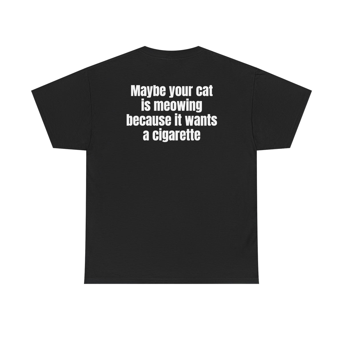 Black t-shirt, back printed with "Maybe your cat is meowing because it wants a cigarette".