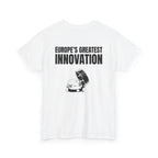 White t-shirt, back printed printed with "EUROPE’S GREATEST INNOVATION" above an ink drawing of a tethered bottle cap, shown from another angle.