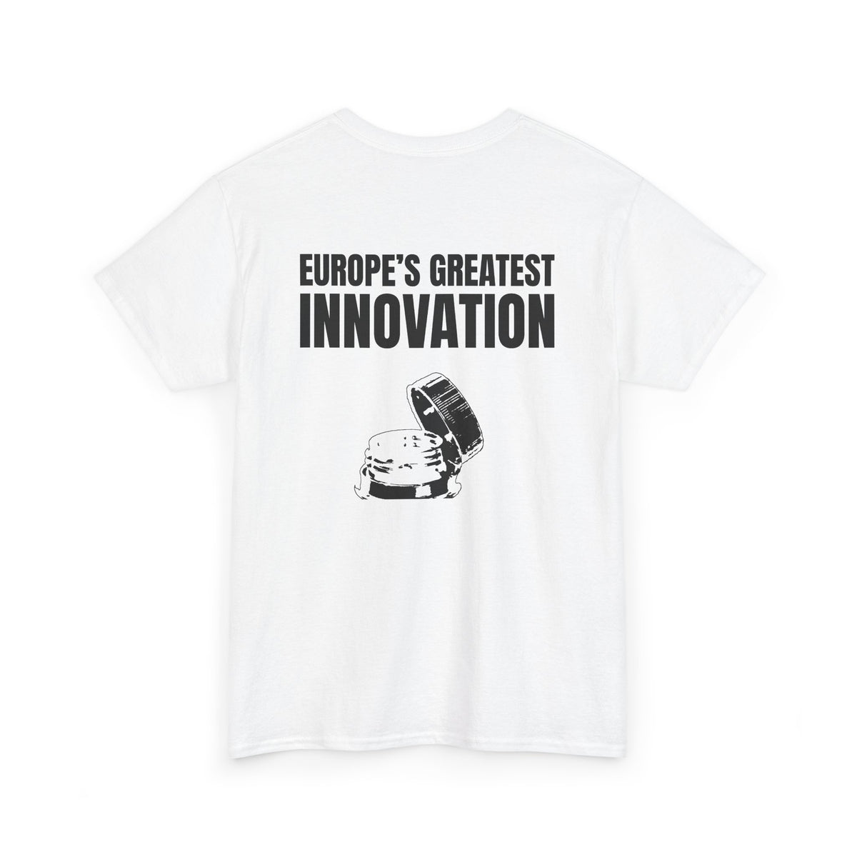 White t-shirt, back printed printed with "EUROPE’S GREATEST INNOVATION" above an ink drawing of a tethered bottle cap, shown from another angle.