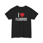 Black t-shirt, back printed printed with "I", a large red heart, then the word FLUORIDE, shown from another angle.