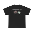 Black t-shirt, back printed printed with "My pronouns are all/in" in serif type above a roulette wheel and a fanned pile of banknotes.